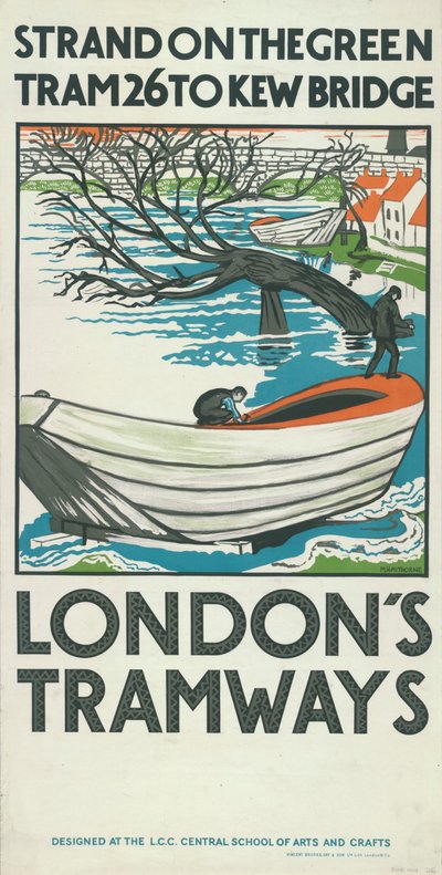 „Strand on the Green, Tram 26 to Kew Bridge”, plakat London County Council LCC Tramways, 1924 autorstwa M Haythorne