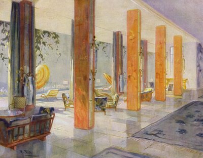 Wnętrza lat 30.: Sala Ogrodowa hotelu (litografia kolorowa) autorstwa M. Stier