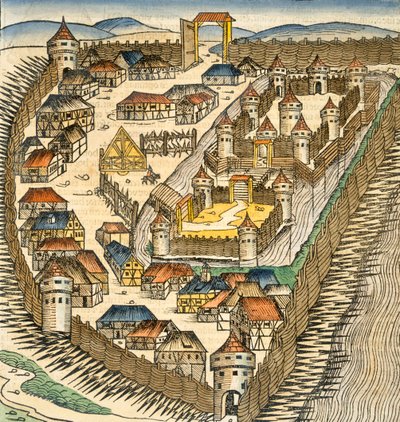 Sabatz, ilustracja z "The Liber Chronicle" (Kronika Norymberska) Hartmanna Schedla (1440-1514), wyd. Norymberga, 1493 (rycina ręcznie kolorowana) autorstwa M. and Pleydenwurff, W. Wolgemuth