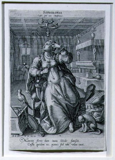 Sophronia, z serii przedstawiającej „Trzy kobiety jako symbole czystości”, sztychowana przez Raphaela Sadelera I (1561-1632) ok. 1590 (rycina) autorstwa Maarten de (after) Vos