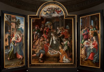Pokłon Trzech Króli, Tryptyk, Panel centralny, detal, obraz na drewnie autorstwa Maarten de Vos