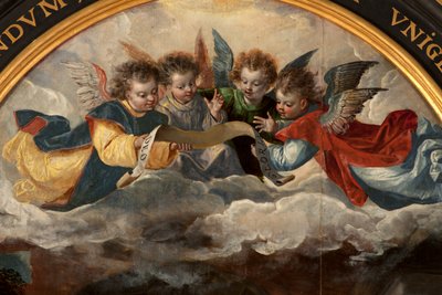 Pokłon Trzech Króli, Tryptyk, Panel centralny, detal, obraz na drewnie autorstwa Maarten de Vos