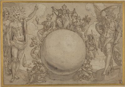 Apollo, Diana i czas z cyklicznymi zmiennościami ludzkiego życia, ok. 1561 (pióro i brązowy tusz z szarym praniem na śladach grafitu, nacięte do przeniesienia na papier) autorstwa Maarten de Vos