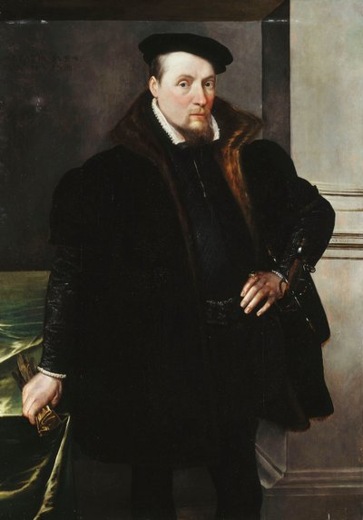 Portret dżentelmena, 3/4 długości, w czarnym płaszczu z futrzaną podszewką, 1551 autorstwa Maarten de Vos