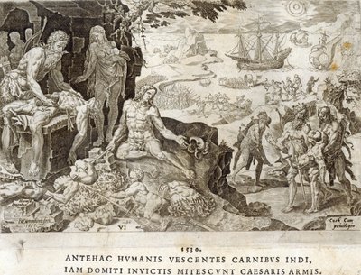 Pole bitwy w Nowym Świecie w 1530 r., tablica 6 z „Zdobyczy wojskowych cesarza Karola V”, ryt. Dirk Volkertsz Coornhert (1522-90), 1555 autorstwa Maarten van Heemskerck