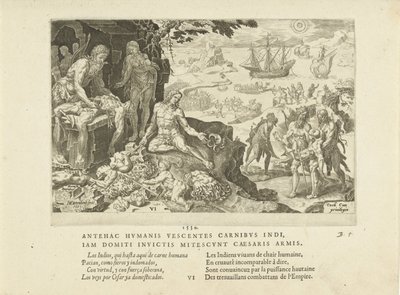 Wojska cesarskie przynoszą cywilizację Indianom, 1555. autorstwa Maarten van Heemskerck