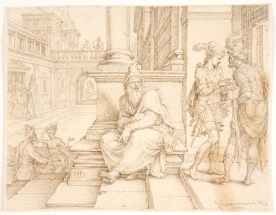 Mordechaj podsłuchujący zdradę Bigtana i Tereszy autorstwa Maarten van Heemskerck
