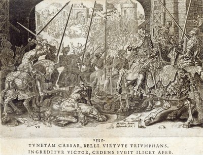 Podbój Tunisu w 1535 r., tablica 7 z „Zdobyczy wojskowych cesarza Karola V”, ryt. Dirk Volkertsz Coornhert (1522-90), 1555 (rycina i akwaforta) autorstwa Maarten van Heemskerck