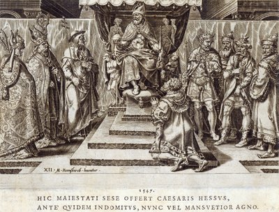Poddanie Filipa Landgrafa Hesen w 1547 r., tablica 12 z „Zdobyczy wojskowych cesarza Karola V”, ryt. Dirk Volkertsz Coornhert (1522-90), 1555 (rycina i akwaforta) autorstwa Maarten van Heemskerck