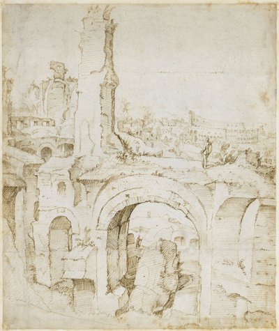 Widok z Domus Severiana na Koloseum autorstwa Maarten van Heemskerck