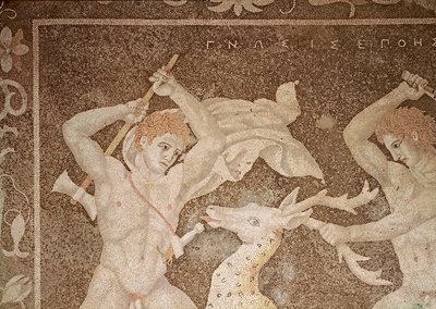 Polowanie na jelenia, szczegół przedstawiający myśliwych, z "Domu uprowadzenia Heleny" (mozaika) autorstwa Macedonian