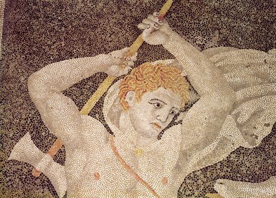 Polowanie na jelenie, fragment myśliwego, z mozaiki Dom uprowadzenia Heleny autorstwa Macedonian School