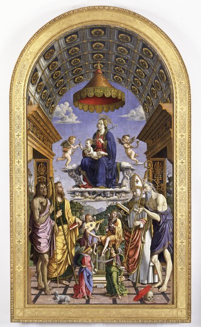 Madonna z Dzieciątkiem w chwale, aniołowie muzykanci i święci Jan Chrzciciel, Jakub, Ugo i Hieronim, 1498 autorstwa Macrino dAlba