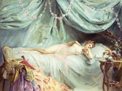 Leżąca nagość w eleganckim wnętrzu, autorstwa Madeleine Lemaire
