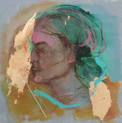 Lost In Thought 6, 2020 (akryle, pastele i złoty liść na papierze) autorstwa Madgalena Morey