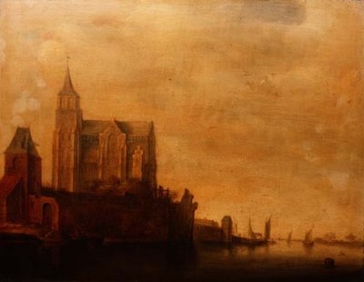 Groote Kerk z widokiem na główną wieżę, Emmerich w krajobrazie rzecznym z żaglówkami autorstwa Maerten Fransz van der Hulst