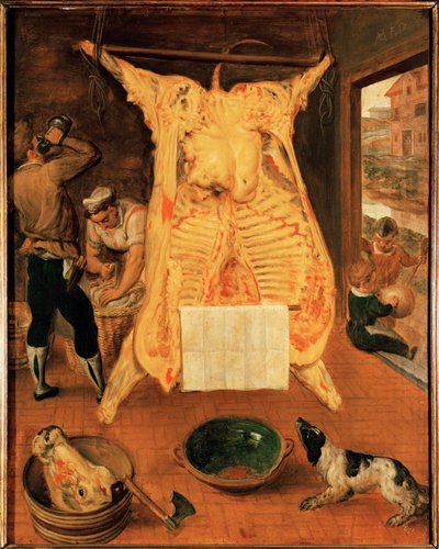 Woły u rzeźnika (obraz na drewnie dębowym) autorstwa Maerten van Cleve