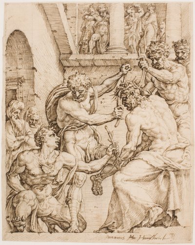 Chrystus ukoronowany cierniem, c. 1548 (Pióro, brązowy tusz i czarna kreda na papierze płowym) autorstwa Maerten van Heemskerck