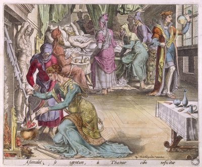 Uzdrowienie inwalidy, studium „Amnon udaje chorobę w celu zgwałcenia Tamar” (kolorowe grawerowanie) autorstwa Maerten van Heemskerck