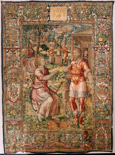 Muzeum Diecezjalne (Museo Diocesano). Flamandzki gobelin. Bruksela. Atelier François Geubels. Seria Historia Gideona. Gedeon i anioł (Gedeon y el ángel). Jedwab i wełna. Zapis biskupa Vicente Roca de la Serna. Barokowy. 1534-1571, w katedrze od autorstwa Maerten van Heemskerck