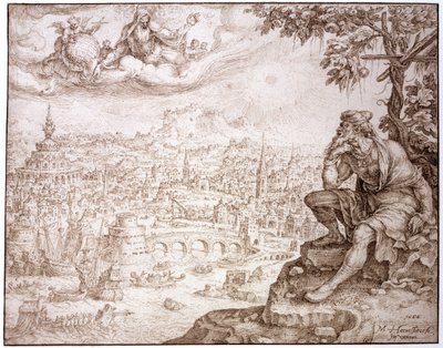 Jonasz siedzący pod wazą kontempluje miasto Niniwa, 1566 (pióro i brązowy tusz pisane rylcem na papierze) autorstwa Maerten van Heemskerck