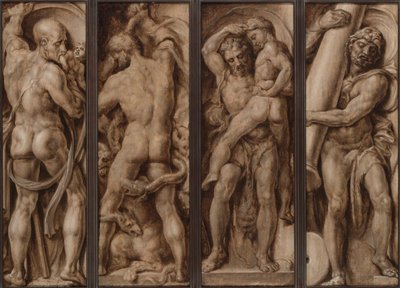Saturn pożerający dziecko; Herkules zabijający Hydrę; Herkules podnoszący Antaeusa; Herkules wznoszący kolumny Calpe i Abyla autorstwa Maerten van Heemskerck