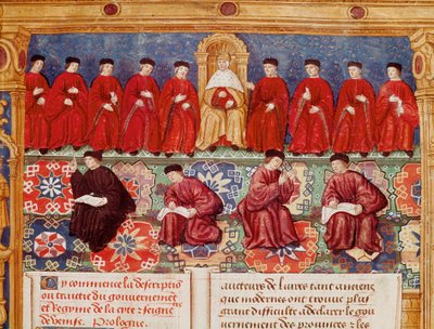 Rada Dziesięciu Doża jest w centrum. Fragment miniatury zaczerpniętej z opisu lub traktującego o rządzie i reżimie miasta oraz Seigneury Wenecji, wykonanej przez admirała Louisa Maleta de Graville, oświetlonej przez Mistrza Filipa autorstwa Maitre de Philippe de Gueldre