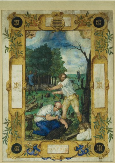 Kartka z kalendarza na listopad, ścinanie drzew, z księgi godzin, ok. 1550-60 autorstwa Maitre des Heures de Claude Gouffier