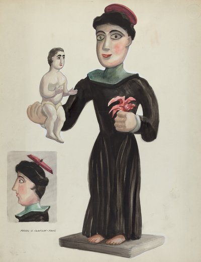 Rzeźbione i malowane drewniane Santo (św. Antoni) autorstwa Majel G. Claflin