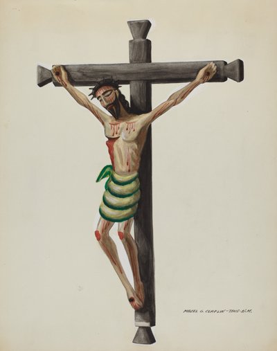 Cristo, rzeźbiony i malowany, na czarnym rzeźbionym drewnianym krzyżu, ok. 1930 r. 1937. autorstwa Majel G. Claflin