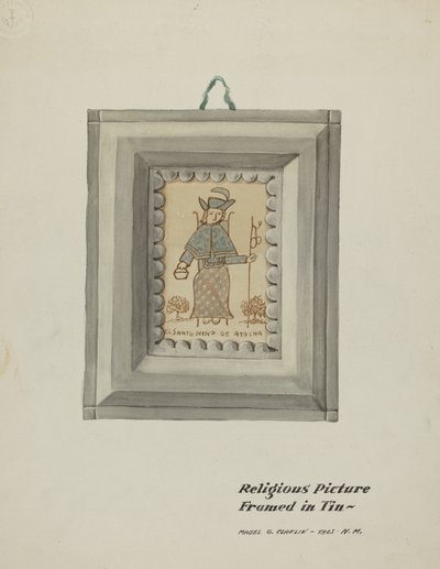 Ręcznie rysowana blaszana rama Santo Nino de Atocha, ok. 1900 r. 1937. autorstwa Majel G. Claflin
