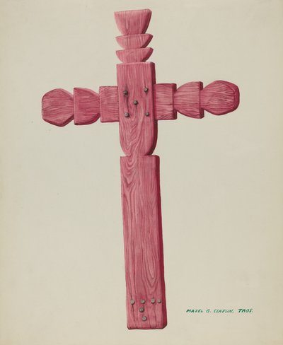 Czerwony drewniany krzyż używany jako nagrobek, c. 1937. autorstwa Majel G. Claflin