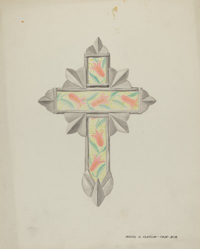 Krzyż z cyny i papieru ściennego, ok. 1930 r. 1937. autorstwa Majel G. Claflin