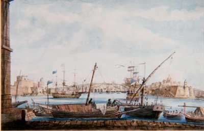 Widok portu Gallies od strony Valetta, ok. 1800 (ołówek i akwarela) autorstwa Major James of Tolcross Weir