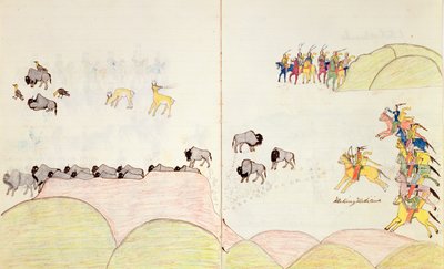 Native American Buffalo Hunt , z księgi szkiców wykonanej w Fort Marion, St Augustine na Florydzie, 1877 autorstwa Making Medicine
