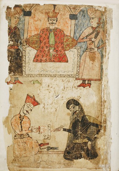Rustaveli dyktuje swój wiersz kanclerzowi. Ilustracja do wiersza Rycerz w skórze pantery Szoty Rustaveli, połowa XVII w. autorstwa Mamuka Tavakalashvili