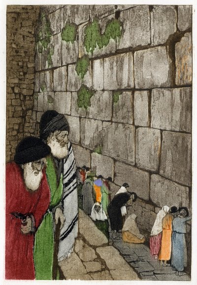 Żydzi przed Ścianą Płaczu, jedyną pozostałością Świątyni Jerozolimskiej zbudowanej przez króla Salomona w -950. Grawerowanie Manuela Orazzi (1860-1934), w „”L