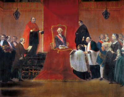Karol III objął w posiadanie kanonie barcelońskie w 1759 r., szczegół autorstwa Manuel Tramulles