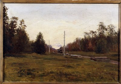 Krajobraz z pociągiem. Obraz Manuila Christoforovicha Aladzhalova (1862-1934). Olej na tekturze, 29,5 x 43,5 cm. Sztuka rosyjska początku XX wieku. Regionalne Muzeum Sztuki, Plyos. © FineArtImage/Leemage autorstwa Manuil Christoforovich Aladzhalov