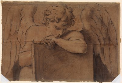Fragment kreskówki dla dorastającego anioła opartego na tablecie lub zamkniętej księdze, ca. 1690-95. autorstwa Marc Antonio Franceschini