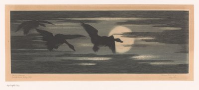 Trzy kaczki przechodzące obok zachodzącego słońca autorstwa Marc Henry Meunier (attributed to)