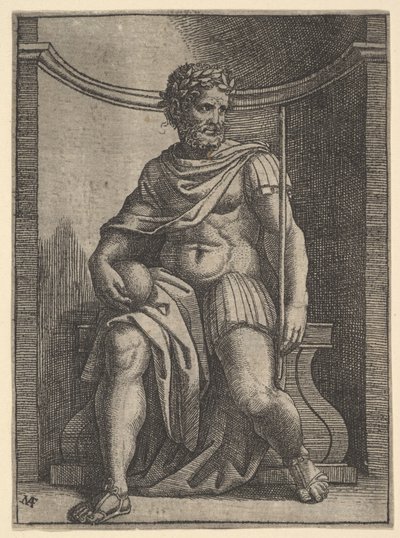 Cesarz rzymski siedzący w niszy trzymający kulę ziemską i berło i spoglądający na swoje..., ca. 1500-1534. autorstwa Marcantonio Raimondi