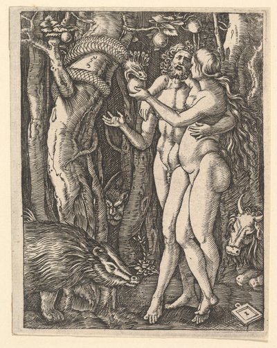 Adam i Ewa z jabłkiem i wężem, ca. 1500-1534. autorstwa Marcantonio Raimondi