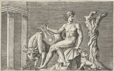 Apollo strzeże stada Admetusa Przedstawienia mitologiczne po starożytnych płaskorzeźbach (tytuł serii) autorstwa Marcantonio Raimondi
