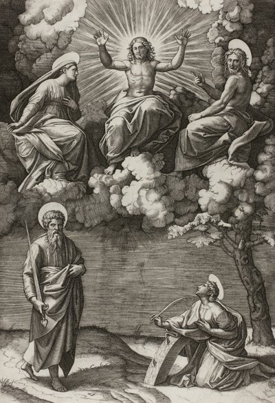 Chrystus Dziewica i św. Jan Chrzciciel ze św. Pawłem i Katarzyną autorstwa Marcantonio Raimondi