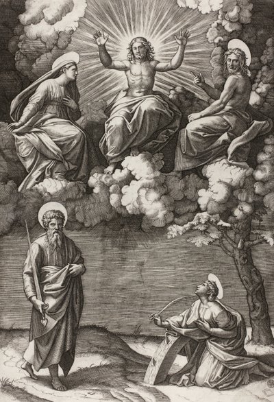 Chrystus Dziewica i św. Jan Chrzciciel ze św. Pawłem i Katarzyną, 1520-25 autorstwa Marcantonio Raimondi