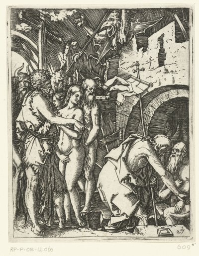 Chrystus opuszcza piekło i wyzwala patriarchów, proroków i innych Męka Chrystusa (tytuł serii) autorstwa Marcantonio Raimondi