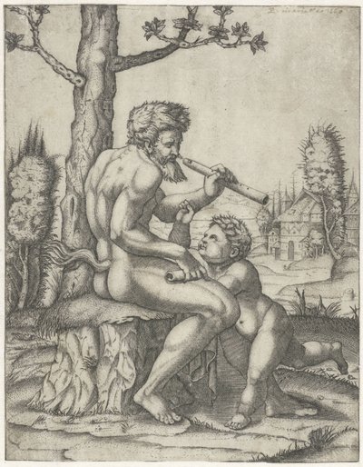 Faun z fletem bawi się z dzieckiem autorstwa Marcantonio Raimondi