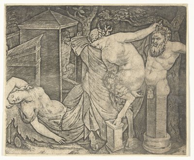 Fragment Bachanału z Satyrką i Hermą i śpiącą bachantką autorstwa Marcantonio Raimondi