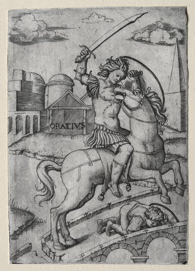Horatius Cocles broniący mostu Sublician. autorstwa Marcantonio Raimondi
